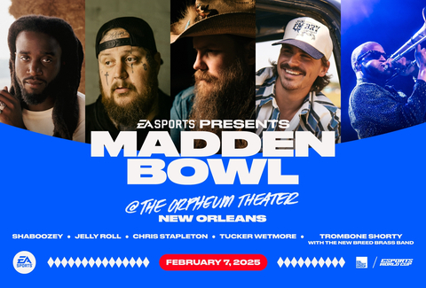 EA SPORTS Presents Madden Bowl in New Orleans will bring the house down with an electrifying lineup featuring Chris Stapleton, the unstoppable Jelly Roll, the dynamic Shaboozey, rising star Tucker Wetmore, and thrilling Trombone Shorty with the New Breed Brass Band. (Graphic: Business Wire)