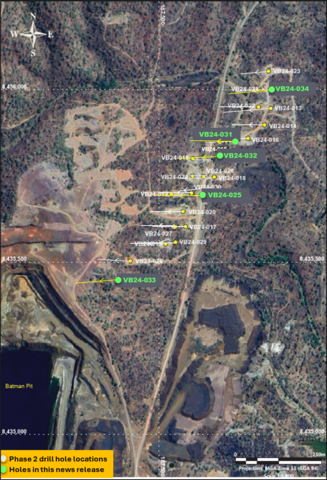 Figure 1: Plan view of the Mt Todd terrain showing Phase 2 drill hole locations with respective orientation, highlighting the holes announced in this release. (Graphic: Business Wire)