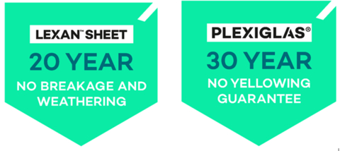 POLYVANTIS offers a new extended 20-year warranty on breakage and weathering with LEXAN™ THERMOCLEAR multiwall sheet and a 30-year no-yellowing guarantee for PLEXIGLAS® PMMA colorless sheets. (Graphic: Business Wire)