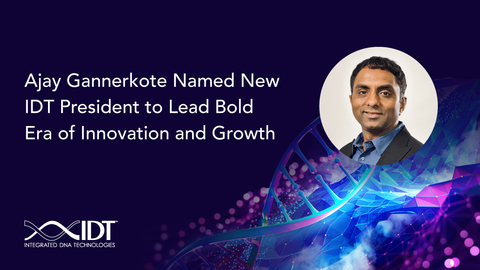 Global genomics solutions leader Integrated DNA Technologies (IDT) has appointed Ajay Gannerkote as president. With a track record of driving growth and transformation across myriad sectors—including pharmaceuticals, medical devices, imaging, and healthcare providers—Gannerkote will lead IDT and continue advancing its mission of accelerating the pace of genomics. (Photo: Business Wire)