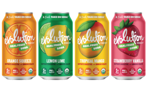 Evolution Fresh Real Fruit Soda flavors in Orange Squeeze, Lemon Lime, Tropical Mango, and Strawberry Vanilla (Photo: Business Wire)