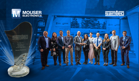 original Representatives from Samtec present the Mouser team with the Distributor of the Year award in Munich in November 2024. (Photo: Business Wire)