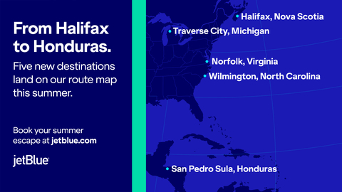 Five new destinations land on JetBlue's route map this summer. (Graphic: Business Wire)