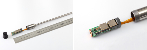 The wireless cooking temperature sensor device “NICK” using all-solid-state batteries (left), and the Maxell’s all-solid-state battery “PSB401010H” mounted on the circuit board (enlarged view, right) (Photo: Maxell, Ltd.)