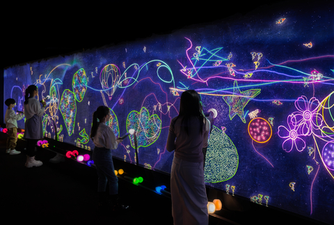 thumbnail teamLab，通往小人生活宇宙的窗口 (c) teamLab - 这是一扇通向小人生活宇宙的窗口。你可以用光线笔画出线条，或用光印章创造形状。不同颜色的线条拥有不同的特殊力量，并会影响小人们的世界。用光印章做出的形状会出现在小人的世界中，并开始移动。