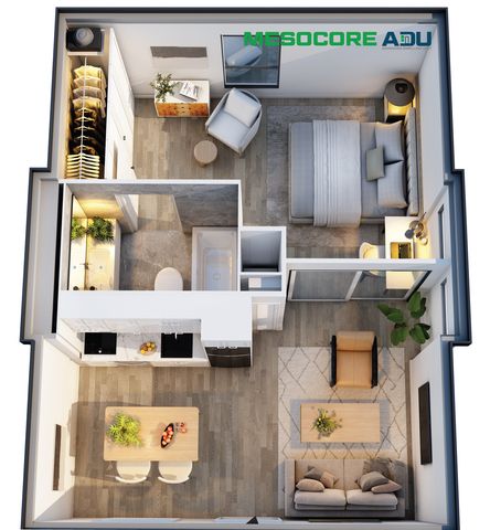 Mesocore offers a modular “Advanced Dwelling Unit,” so called because it integrates state-of-the-art technologies, solar power, and rainwater harvesting and has far more applications than just “accessory” dwellings. Its universal design offers few options but all the necessary features and systems. It complies with the International Building Code, can be financed, kept in inventory, and shipped immediately. (Photo: Business Wire)