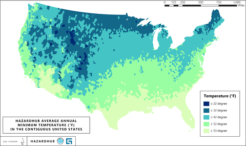 original HazardHub map of average annual minimum temperatures for the contiguous United States, published December 2024. (Graphic: Guidewire HazardHub)