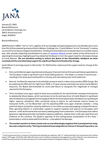 thumbnail Jana Partners Letter to Lamb Weston Board of Directors