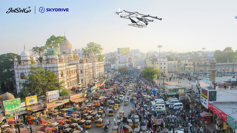 An image of "SKYDRIVE" flying urban areas in India (Photo: Business Wire)