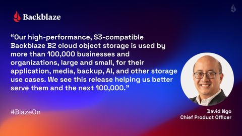 David Ngo, Chief Product Officer at Backblaze, comments on the B2 Cloud Storage Winter Release and how it supports over 100,000 businesses and organizations. (Graphic: Business Wire)