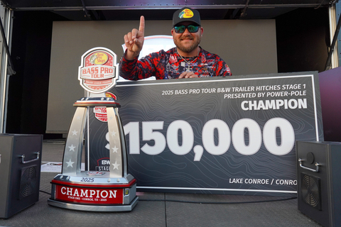 Pro Justin Cooper of Zwolle, Louisiana, caught 34 bass totaling 78 pounds, 5 ounces in the final day Championship Round to earn the top prize of $150,000 at the season opening Major League Fishing (MLF) Bass Pro Tour Stage 1 Presented by Power-Pole at Lake Conroe. (Photo: Business Wire)