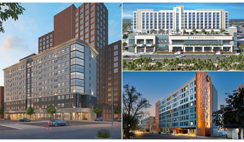 Peachtree Group (“Peachtree”) announced that the firm surpassed $2 billion in hotel development, bringing its total development portfolio to 48 hotels nationwide. Pictured clockwise from left to right: Residence Inn by Marriott, San Antonio, Texas; Embassy Suites, Gulf Shores, Alabama; AC Hotel by Marriott, Sacramento, Calif. (Photo: Business Wire)