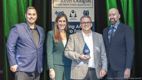 Dennis R. Garcia (second right), PCI's Executive VP & CFO, proudly displays his South Florida Business Journal's CFO Award (Revenue Above $500m) while (from left) Richard Cabrera of Berkowitz Pollack Brant Advisors + CPAs, Elizabeth Jacobs of StevenDouglas, and Mel Melendez, editor-in-chief of the South Florida Business Journal look on. The occasion was the South Florida Business Journal's annual CFO Awards held at the Gulfstream Park in Hallandale Beach, Florida, on Thursday, January 30, 2025. (Photo: South Florida Business Journal)