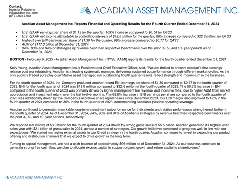original Acadian Asset Management Inc. Reports Financial and Operating Results for the Fourth Quarter Ended December 31, 2024