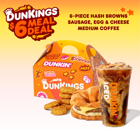thumbnail Now, anyone can eat like a DunKing or DunQueen for a limited time with The DunKings $6 Meal Deal, available nationwide in a limited-edition band-inspired box. For $6, guests can enjoy a hearty Sausage, Egg and Cheese Sandwich, crispy Hash Browns and a medium Hot (14 oz.) or Iced Coffee (24 oz). It’s a meal that delivers big value with the Dunkin’ classics that guests already love. (Photo: Business Wire)