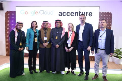 From left to right: Bader Almadi, Google Cloud KSA Country Managing Director, Alison Wagonfeld, Google Cloud CMO, Dr. Majid Altuwaijri, Accenture’s KSA chair and country managing director, Marta Lajmi, Accenture Google Business Group Lead in Middle East, Giampiero Terzi, Accenture Technology lead in Middle East, Ibrahim Cinar, Google Cloud Channels lead for Middle East, Turkey, Africa. (Photo: Business Wire)