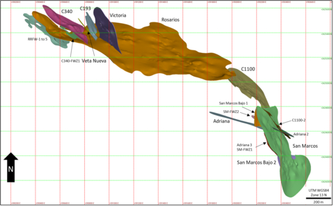 Figure 1: Plan View of Mineral Resource Estimate Vein Wireframes at the Rosarios Mine (Graphic: Business Wire)