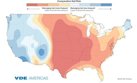 The new VDE Hail Risk Atlas allows geographic information system users to evaluate and compare site-specific hail risk on the basis of severe convective storm meteorology or solar project financial risk exposure. (Graphic: Business Wire)