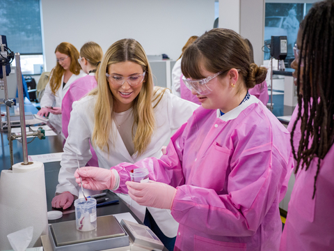 Students from Lewisville High School ? Harmon Campus (Texas, U.S.A.) putting their knowledge to the test by creating their own Mary Kay? Unlimited Lip Gloss at Mary Kay's global Richard R. Rogers Manufacturing and Research & Development Center (Photo Credit: Mary Kay Inc.)