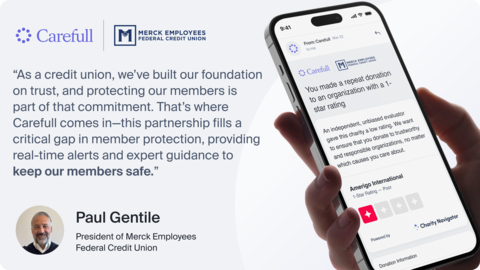 As fraud reaches unprecedented levels, Merck Employees Federal Credit Union is taking action to enhance member experience and security by offering Carefull’s unique suite of proactive account monitoring, identity protection, and issue resolution services to all members, their parents, and even next-generation caregivers. (Graphic: Business Wire)