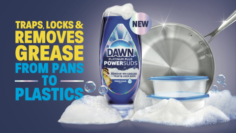 From pans to plastics, NEW Dawn PowerSuds’ innovative formula traps, locks, and removes up to 99% of grease. (Graphic: Business Wire)