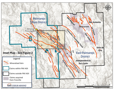 Figure 1: Palmarejo district map  </div> <p>Measured and indicated mineral resources totaled 3.7 million ounces of gold, 198.9 million ounces of silver, 1,517 million pounds of zinc and 768.7 million pounds of lead. Gold measured and indicated mineral resources increased 15% year-over-year driven by a 105% increase at Wharf along with increases at Palmarejo, Rochester and Kensington as well as the inclusion of silver and gold ounces at Las Chispas.</p> <p>Inferred mineral resources were 2.3 million ounces of gold, 106.1 million ounces of silver, 481.8 million pounds of zinc and 199.8 million pounds of lead. Both gold and silver inferred mineral resources increased by 15%, driven by a 216% increase at Wharf and 69% and 84% increases in gold and silver, respectively, at Palmarejo, as well as the inclusion of silver and gold ounces at Las Chispas.</p> <p>Key Highlights<sup>1</sup></p> <ul> <li>Wharf gold measured and indicated mineral resources more than doubled; gold inferred mineral resources more than tripled - Mine optimization initiatives drove an increase in gold measured and indicated mineral resources by 521,000 ounces and gold inferred mineral resources by 321,000 ounces, positioning Wharf for significant expected mine life extensions as infill drilling accelerates in 2025</li> <li>Kensington's gold proven and probable mineral reserves increased 22% to 500,000 ounces - The nearly-completed multi-year underground development and drilling investment program provides Kensington with greater operational flexibility and a substantially longer mine life, which has doubled since the program commenced in 2022 to the current five years. Kensington's measured and indicated mineral resources of gold increased over 8% year-over-year</li> <li>Second consecutive year of strong resource expansion at Palmarejo - A sustained emphasis on growing the pipeline of silver and gold inferred mineral resources led to an 84% increase in silver inferred mineral resources and a 69% increase in gold inferred mineral resources, which bodes well for future potential mine life extensions</li> <li>Expansion drilling at Palmarejo continues to demonstrate growth potential - Expansion drilling in the Hidalgo corridor continues to return positive results directly impacting inferred mineral resources and highlight the excellent potential for future reserve growth. Specifically, the Hidalgo, Libertad and San Juan deposits located immediately northwest of the Independencia deposit were substantially extended and remain open along strike and down dip. Notable estimated true thickness intercepts from the program include:</li> </ul> <p>Libertad deposit</p> <ul> <li>Hole HGDH_180 returned 14.2 feet at 0.17 ounces per ton (