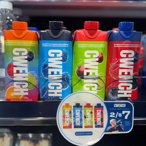 All four of CWENCH Hydration's Ready-to-Drink Flavours, as well as the limited edition Tropical Flow flavour created with Coach Chippy, are now available at all Canco Petroleum locations across Canada. (Photo: Business Wire)