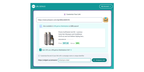 URLgenius Marketplace automatically alerts Commerce Creators when a product is being offered at a higher commission by the brand in the Marketplace, letting them choose which link to promote. (Photo: Business Wire)