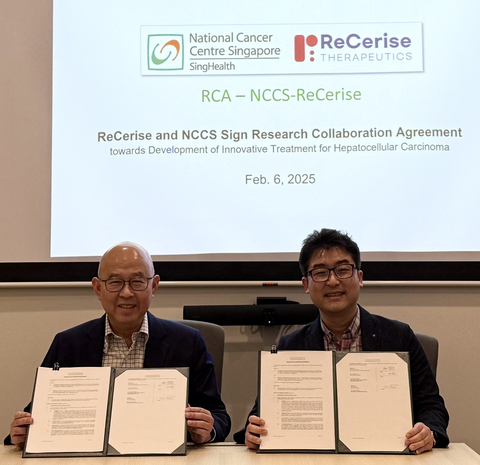 original ReCerise and NCCS Sign Research Collaboration Agreement (Left: Prof. Pierce Chow of NCCS; right: Yong-Bae Kim, CEO of ReCerise Therapeutics) (Photo: Business Wire)
