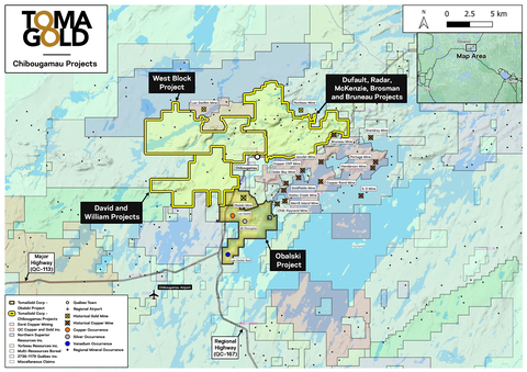 Figure 1 – Map of TomaGold’s Chibougamau Projects (Graphic: Business Wire)