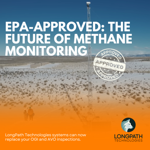 LongPath Technologies is the first continuous monitoring technology to receive U.S. Environmental Protection Agency (EPA) approval for fully replacing Audio-Visual-Olfactory (AVO) and Optical Gas Imaging (OGI) inspections under OOOOa, OOOOb, and pending OOOOc methane regulations. This approval covers all tiers (1–15 kg/hr) of periodic screening, setting a new standard for cost-effective, 24/7 emissions monitoring in the oil and gas industry. (Graphic: Business Wire)