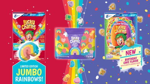 Lucky Charms Rainbow Sprinkles, Lucky Charms Jumbo Rainbow Cereal and Just Magical Marshmallows with Jumbo Rainbows, available in retailers nationwide this spring. (Graphic: Business Wire)