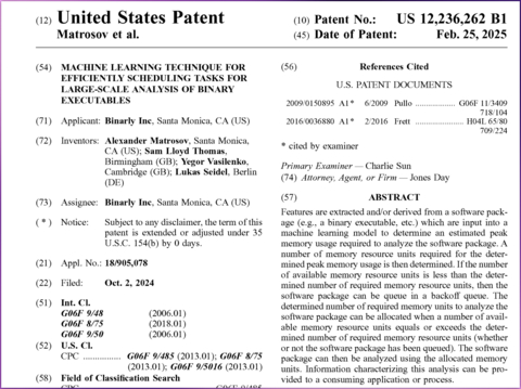 U.S. Patent No. US 12,236,262 -- "Machine Learning Technique for Efficiently Scheduling Tasks for Large-Scale Analysis of Binary Executables."