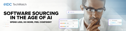 IDC, the trusted technology intelligence provider, today announced the launch of IDC TechMatch™, the first AI-powered platform with built-in market intelligence to streamline software sourcing, enhancing decision-making for organizations. Powered by IDC's industry-leading technology research and data, TechMatch streamlines the software buying journey, reducing what once took months to weeks. (Graphic: Business Wire)