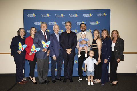 Children’s Hospital Los Angeles Launches 10th Annual Make March Matter® Fundraising Campaign. Left to right: Lara Khouri, President and Chief Operating Officer; Alexandra Carter, Senior Vice President and Chief Development Officer; Paul Viviano, Chief Executive Officer; Robert Pine and Chris Pine, actors and longtime CHLA supporters; CHLA patient Mia with parents Leandro and Sara and brother Liam; Dawn Wilcox, Vice President of Development & Corporate Partnerships and Founder of Make March Matter; and Jillian Green, Associate Vice President of Corporate Partnerships. (Photo: Business Wire)