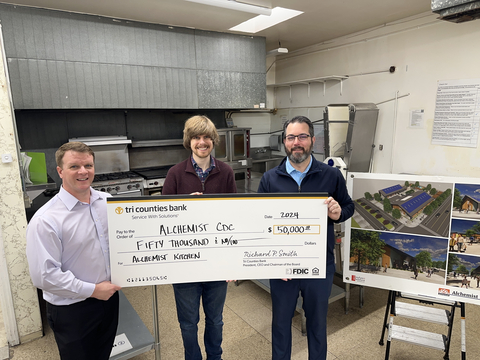 Alchemist CDC’s $50,000 AHEAD grant will be used to help launch and grow participating businesses at the Alchemist Public Market, which begins construction in Sacramento’s River District in 2025. -- From left to right: Sam Greenlee, Executive Director at Alchemist CDC; Jacob Sacks, Alchemist Kitchen Program Manager at Alchemist CDC; and Drew Costa, Community Development Officer at Tri Counties Bank. (Photo: Business Wire)