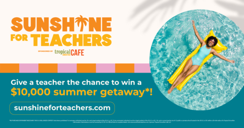 Parents, teachers, families and the school community can nominate a teacher for Sunshine for Teachers, a recognition program from Tropical Smoothie Cafe that celebrates teachers who are “Spreading Sunshine” in Tropical Smoothie Cafe communities nationwide. Nominate teachers at www.SunshineforTeachers.com. One Grand Prize winner receives a $10,000 summer getaway and free smoothies for a year, and their school wins $1,000 and a schoolwide smoothie party. (Graphic: Business Wire)