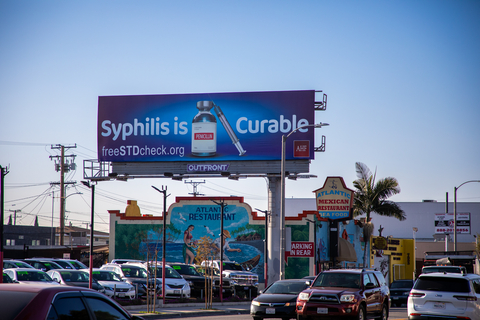 AHF is using an imposing image of a bottle of penicillin and a syringe and needle paired with the words “Syphilis is Curable” and the URL freeSTDcheck.org to draw attention to the importance of getting tested—and treated—for syphilis in its latest national billboard campaign. (Photo: Business Wire)