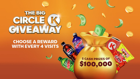 original Big Circle K Giveaway premiará a los clientes cuanta más visitas hagan entre el 5 de marzo y el 6 de mayo. Cada dos semanas, se sortearán cinco primeros premios de 100.000 dólares. (Graphic: Business Wire)