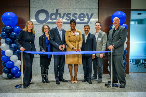 Members of Odyssey’s Executive Team celebrated the grand opening of the company’s new global headquarters in Charlotte, N.C., with a ribbon-cutting ceremony Wednesday, March 5. Pictured attendees include, from left to right, Lisa Yankie, Chief Human Resources Officer; Tiawana Brown, Charlotte City Council Member; Hans Stig Moller, CEO; Leigh Altman, Mecklenburg County Commissioner; Maneet Singh, Chief Information Officer; Michael Pozzi, Chief Financial Officer; and Michael Ziomek, Chief Operating Officer. (Photo: Business Wire)