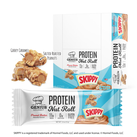 Celebrating their new partnership with the SKIPPY® brand, Genius Gourmet® unveils SKIPPY® Inspired Protein Nut Rolls at Expo West 2025 (Photo: Genius Gourmet)