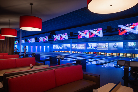 Lane-side dining is available on twenty main lanes. The VIP Suite is also available with 8 lanes and private banquet room behind double doors. (Photo: Business Wire)