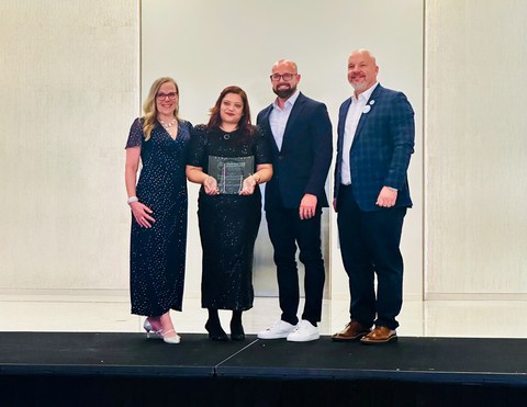 thumbnail Jordan Foster is presented with the Construction Working Minds Summit 2025 Mental Health Visionary Award. Pictured from left to right: Dr. Sally Spencer Thomas, President, United Suicide Survivors International; Asma Bayunus, EHS Operations Manager, Jordan Foster Construction; Eli Embleton, The Dream Manager, Zachry Construction; Ben Bradshaw, Business Manager, UA Local 100 (Photo: Business Wire)