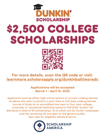 Dunkin' 4th Annual DMV Regional Scholarship Program (Graphic: Business Wire)