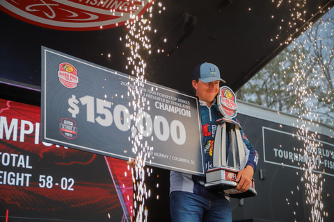 22-year-old pro Drew Gill of Mount Carmel, Illinois, caught 19 bass weighing 58 pounds, 2 ounces, Sunday, to win the Major League Fishing Bass Pro Tour PowerStop Brakes Stage 3 at Lake Murray Presented by Strike King, and earn the top prize of $150,000. (Photo: Business Wire)