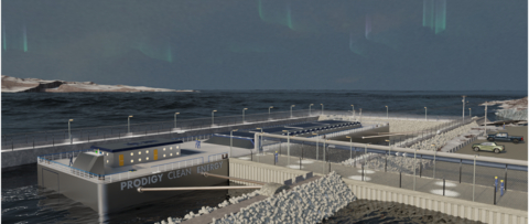 Conceptual illustration of a Prodigy Microreactor Power Station TNPP™ that was transported to site by heavy lift carrier and fixed into its final deployment location within a protected, enclosed harbor. Auxiliary connection to district heating system shown. Image: Prodigy Clean Energy