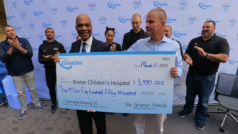 Granite CEO Rob Hale presents a check to Kevin Churchwell, MD, President and CEO of Boston Children’s Hospital at Granite’s 12th Annual Saving by Shaving event. Left to right: Patriots Head Coach Mike Vrabel; Celtics Head Coach Joe Mazzulla; Quincy Mayor Thomas Koch; BCH President and CEO Kevin Churchwell, MD; Celtics Vice President of Team Operations and Organizational Growth Allison Feaster; Boston Celtics Small Forward Sam Hauser; Granite CEO Rob Hale; WEEI’s Greg Hill; and former Patriots player Joe Andruzzi. (Photo: Business Wire)