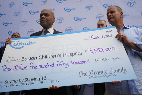 thumbnail Granite CEO Rob Hale and Boston Children’s Hospital President and CEO Kevin Churchwell, MD proudly display the donation check from Granite’s annual “Saving by Shaving” event for BCH. (Photo: Business Wire)