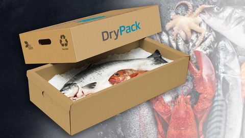 DS Smith, a leading fiber-based packaging manufacturer, which was acquired by International Paper in 2025, is helpings seafood processors reduce costs and CO2 emissions through its DryPack seafood box. DryPack is a 100% water-resistant, box that, when packed with ice, can keep fresh fish below 40 degrees Fahrenheit for over 40 hours in cold chain operations. The high-performance product is shipped to processors flat, saving on incoming freight costs and fuel emissions. DryPack is FBA-approved and fully recyclable. (Graphic: Business Wire)