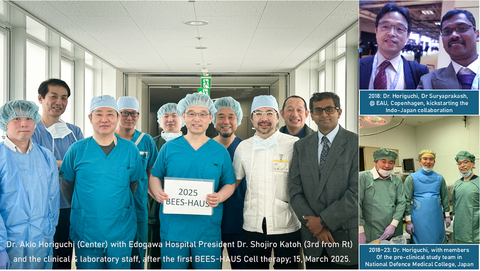 original In 2008, GN Corp initiated research with NCRM, Chennai, Tamil Nadu, India on restoring corneal blindness using buccal tissue epithelial cells. An out of the box idea of Dr. Suryaprakash, Urologist from Hyderabad, India in 2012 to apply buccal (oral) mucosal cells to repair stricture-inflicted male urethra, led to a clinical study, which he presented in NCRM NICHE 2017 in Tokyo, kickstarting a collaboration with Dr. Akio Horiguchi, National Defence Medical College, Japan, as they met in EAU in 2018 (Top right picture). Upon confirming successful cell engraftment in urethral stricture pre-clinical models taking help from the Dept. of Medical Engineering of NDMC between 2018~2023, (Bottom, right picture), now in 2025, clinical application has been initiated in Edogawa Hospital, Tokyo. Main picture: BEES-HAUS team after the first clinical transplant in Edogawa Hospital, Tokyo; Dr.Horiguchi (Centre) with Dr.Shojiro Katoh (President, Edogawa Hospital) standing left to him.